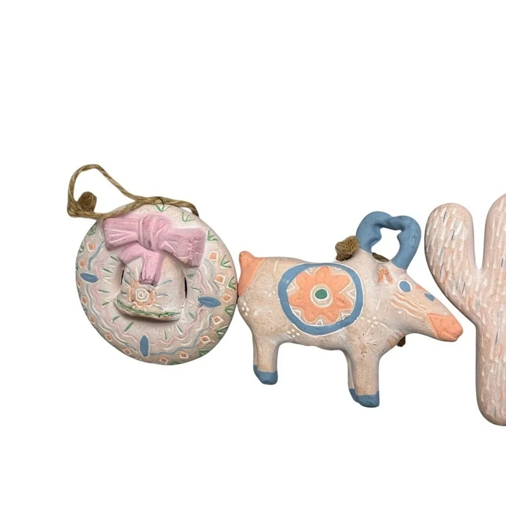 Vintage Southwestern Ceramic Ornaments Set 11 Pastel Terra Cotta Cactus Boot Art